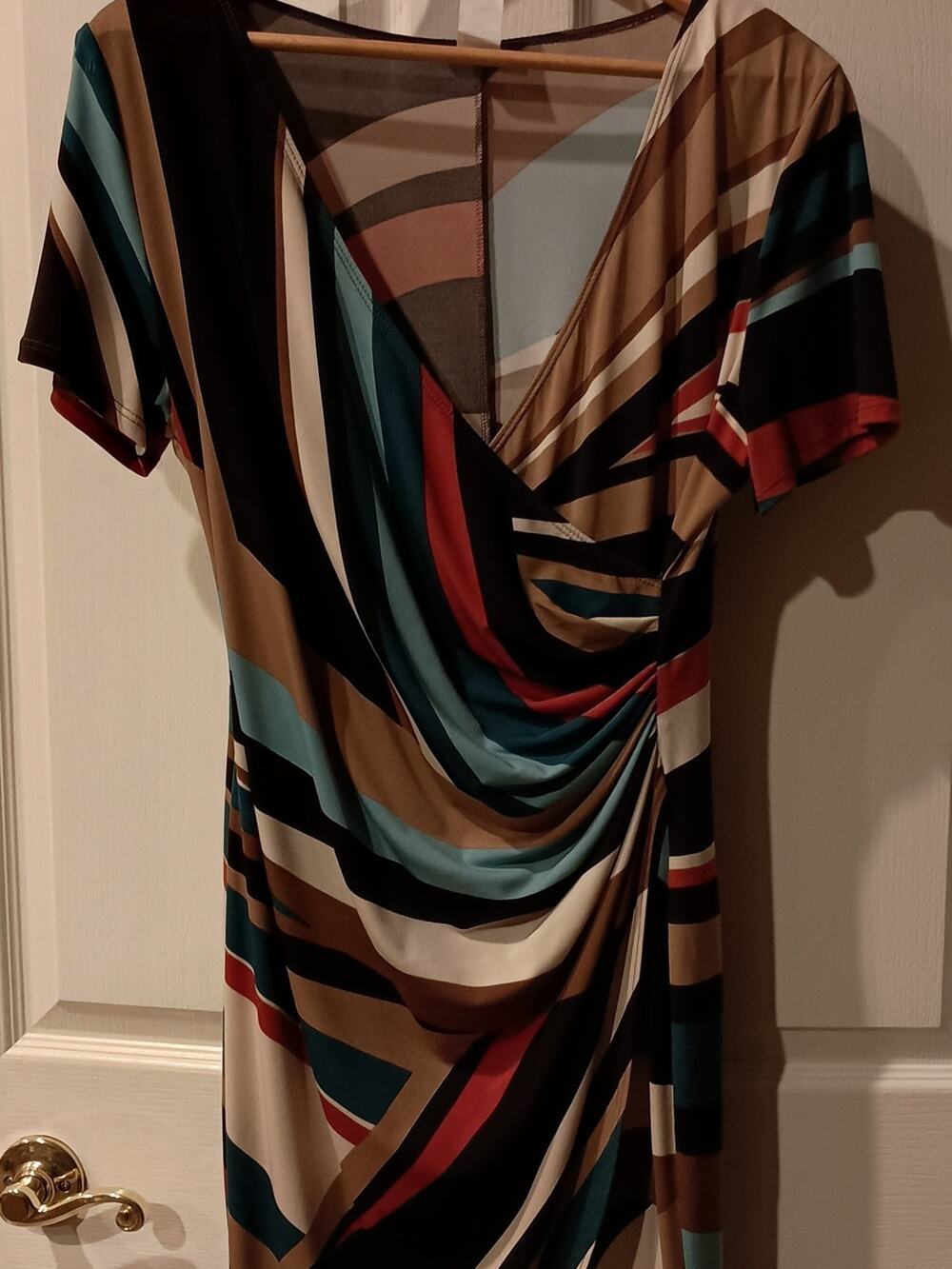 J.B.S. Striped Draped V-Neck Midi Dress in Teal, Tan, Black & Red